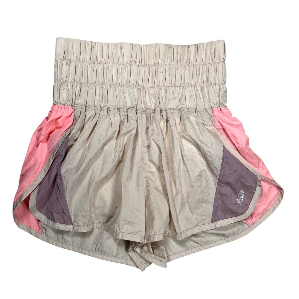 FP Movement Way Home Shorts Womens Small Beige Pink High Rise Smocked Running